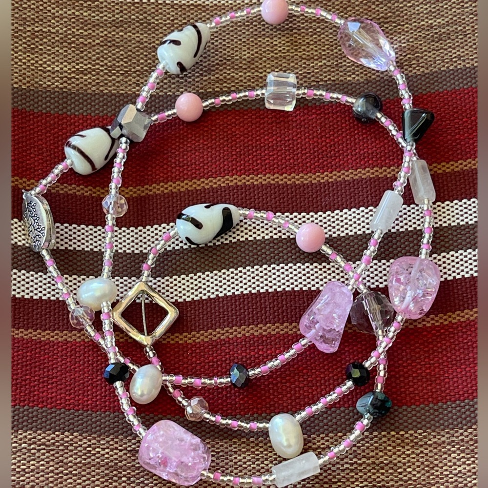 Pink Shell Jasper/Rose Quartz/Ice Flake Quartz/Fresh Water Pearls/Glass Necklace